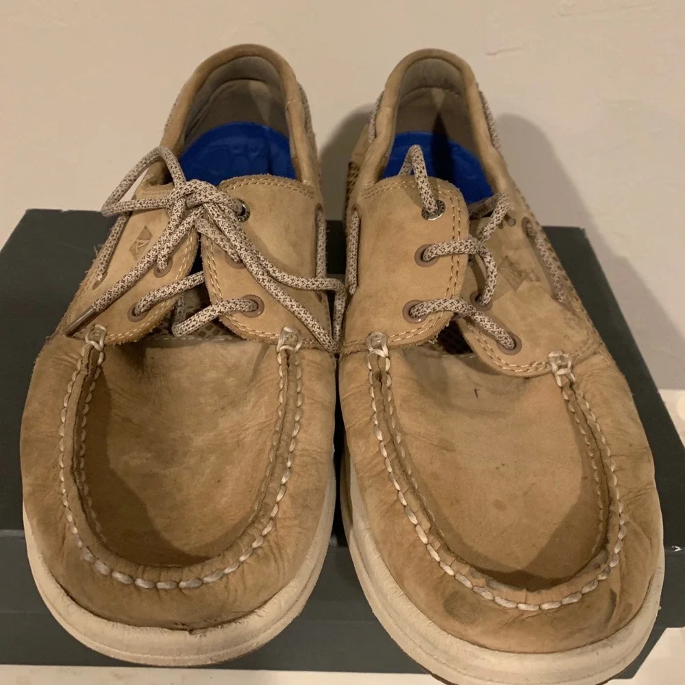 Sperry 7 SEAS Boat Shoes Mens 11.5M Tan Leather Mesh STS14240 Good Condition